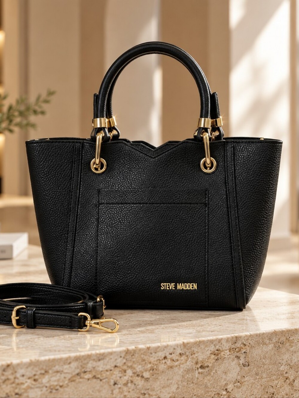 Steve Madden Black Pebbled Tote with Gold Hardware